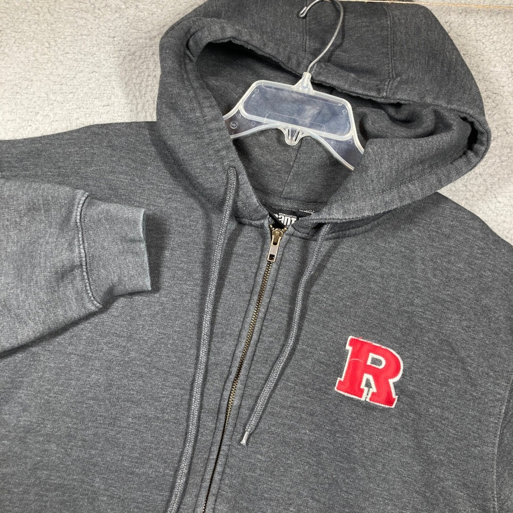 Rutgers University Full Zip Hoodie Mens L Charcoal Grey R Patch Athletic FLAW